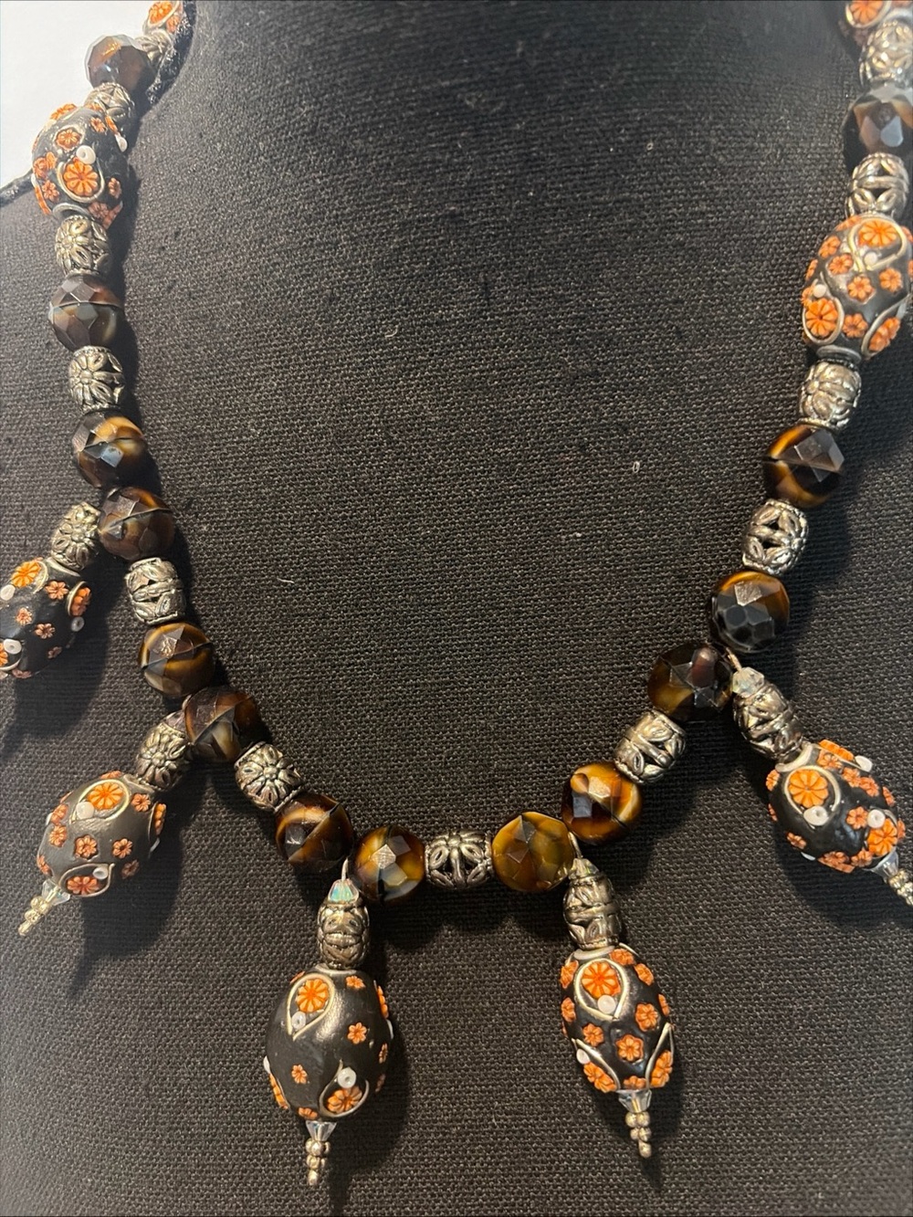 Vintage Beaded Necklace Textured Floral Witchy Boho Whimsigoth Tigers Eye - Picture 4 of 9